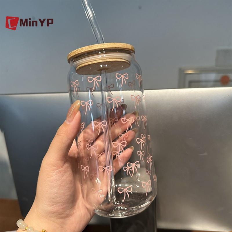 CyinYP Nơ Kính Dễ Thương Cốc Nước Hoạt Hình Nơ Cốc Thủy Tinh Sọc Dễ Thương Doodle Cà Phê Cốc Hộ Gia Đình Trà Trái Cây Nước chanh Bé Gái Quà Tặng Vinh Quang
