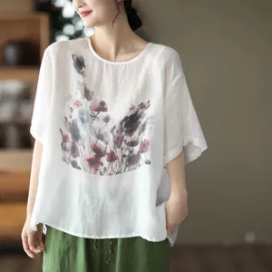 Phong Cách Dân Tộc In Hình Thiết Kế Ngắn Tay Vải Lanh Cotton Top 2025 Phù Hợp Với Văn Học Retro Áo Thun Nữ 5.26