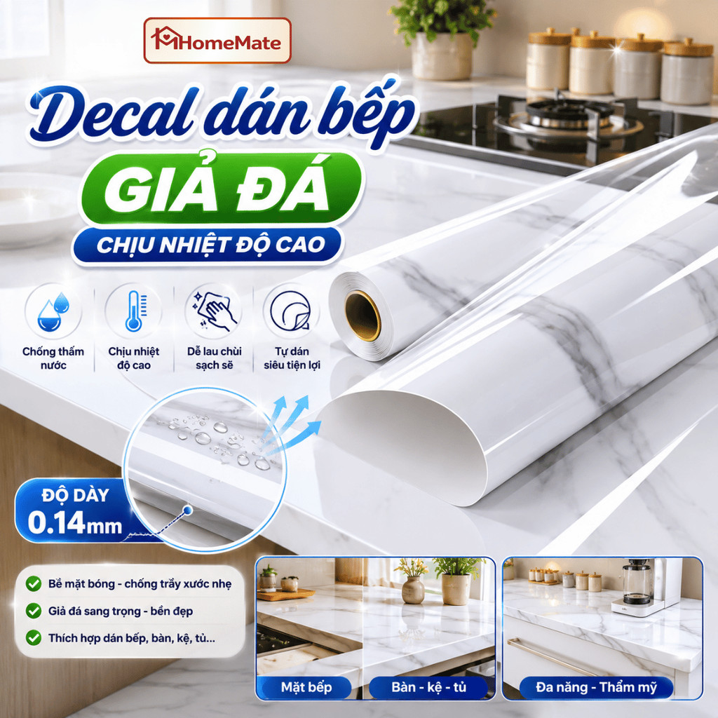 Decal Dán Bếp Chống Dầu Mỡ HomeMate Vân Đá Marble Chống Thấm Nước, Chịu Nhiệt Dễ Lau Chùi Khổ 60x100cm