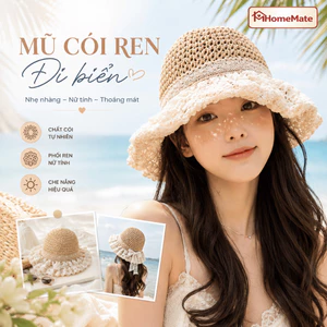 Mũ Cói Ren Hoa Vintage HomeMate Nữ Đi Biển, Mũ Chống Nắng Vành Rộng Phối Nơ Thanh Lịch Phong Cách Hàn Quốc