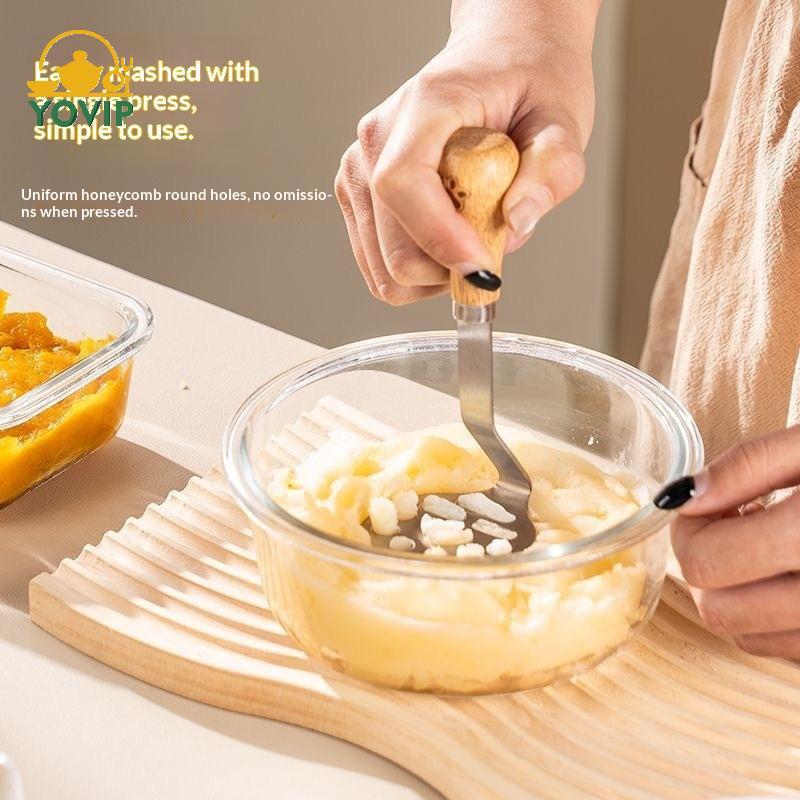 Máy nghiền khoai tây bằng thép không gỉ YOVIP có tay cầm bằng gỗ, Dụng cụ nghiền khoai tây cấp thực phẩm để nướng tại nhà, 12,5x5,5cm, 430 thép không gỉ VN