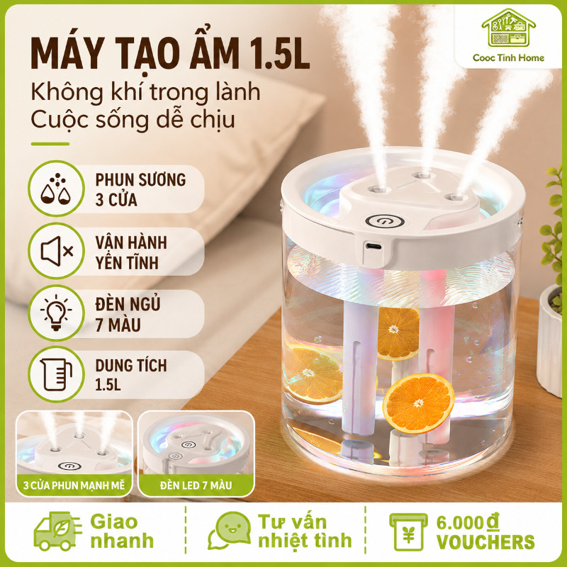 Máy Tạo Ẩm 1.5L Có Đèn Ngủ 7 Màu - Thiết Kế Hiện Đại, Vận Hành Yên Tĩnh, Cho Không Gian Sống Dễ Chịu & Cân Bằng Độ Ẩm