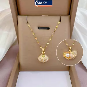 MAKY Ngọc Trai Nelace Dành Cho Nữ Đầy Kim Cương Giả Vỏ Titan Mặt Dây Chuyền Nelace Không Mòn Kim Loại Nelace VN