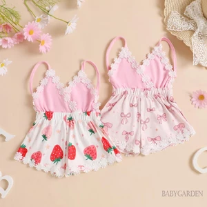 0-4 tuổi Bộ áo liền quần mùa hè cho bé gái không tay Thắt lưng / Bộ đồ chơi không lưng in hình dâu tây
