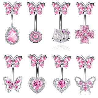 1PC 14G Hồng Kim Cương Bướm & Trái Tim Thép Không Gỉ 10 Mm Rốn Nhẫn Nữ