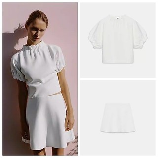 Áo và váy dệt kim xếp ly cổ tròn ngắn tay dành cho mùa xuân