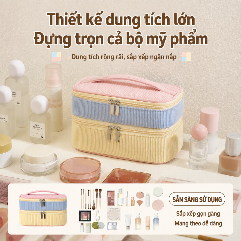 Túi Đựng Mỹ Phẩm 2 Lớp Cho Nữ, Cốp Đựng Đồ Makeup Cá Nhân Du Lịch, Dung Lượng Lớn, Dễ Mang Theo, Chất Vải Mềm Mại