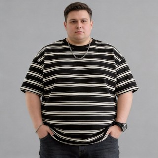 Plus Size Nam Đen Trắng Sọc Tương Phản Jacquard Cotton Áo Thun Ngắn Tay