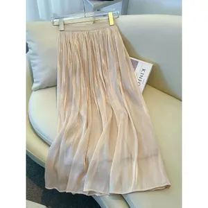 Váy xếp ly màu sâm panh Nữ Xuân Hè Phong cách mới Streamer Sợi lớn viền chữ a Váy ô mỏng hơn Váy cổ tích