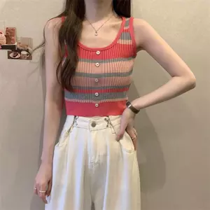 Áo Vest dệt kim cổ chữ U sọc xanh lá cây mặc bên ngoài lưng đẹp không tay xương đòn Hot Girl Top