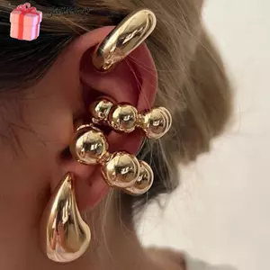 GAVESTO 4 Cái / bộ Không Xuyên Bông Tai, Kẹp Bông Tai Hình Chữ C Vàng Bạc, Phụ Kiện Trang Sức Bóng Hình Học Hợp Thời Trang Cô Gái