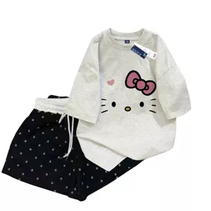 Sét đồ mùa hè siêu cool, siêu thoải mái Quần đùi cộc chữ Aaa màu đen + mix áo phông mèo giản siêu dễ thương