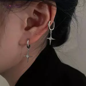 AqToCna 1 Đôi Goth Bông Tai Kẹp Ngọt Ngào Màu Bạc Mát Kim Loại Ngôi Sao Chữ Thập Zircon Mặt Dây Chuyền Bông Tai Nữ Thẩm Mỹ Phụ Kiện Trang Sức AqToCna