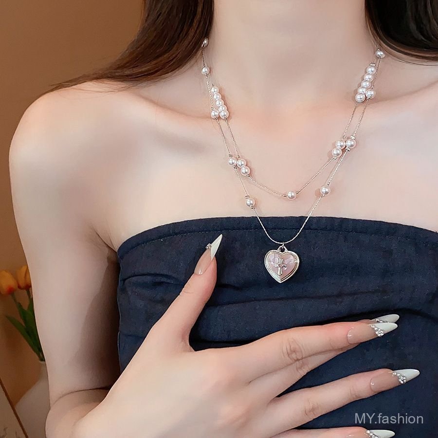 Vòng cổ mặt dây chuyền trái tim màu hồng ngọt ngào, Ngọc trai thời trang nữ khí chất hai lớp phù hợp