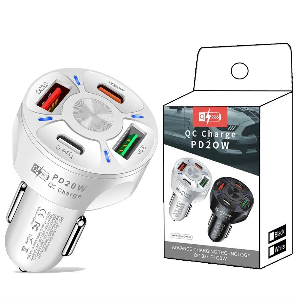 Tẩu Sạc Nhanh Ô Tô Chính Hãng PD 20W QC3.0 Sạc Siêu Tốc 3.1A ,Tẩu Chia 4 Cổng 2 Ty-C + 2 USB, Bảo Hành 6 Tháng