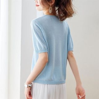 Dệt Kim Nữ Tay Ngắn Nữ Mỏng Phong Cách Mùa Hè Cổ Chữ V Thời Trang Phù Hợp Với Áo Thun Lụa Băng Đơn Giản 20