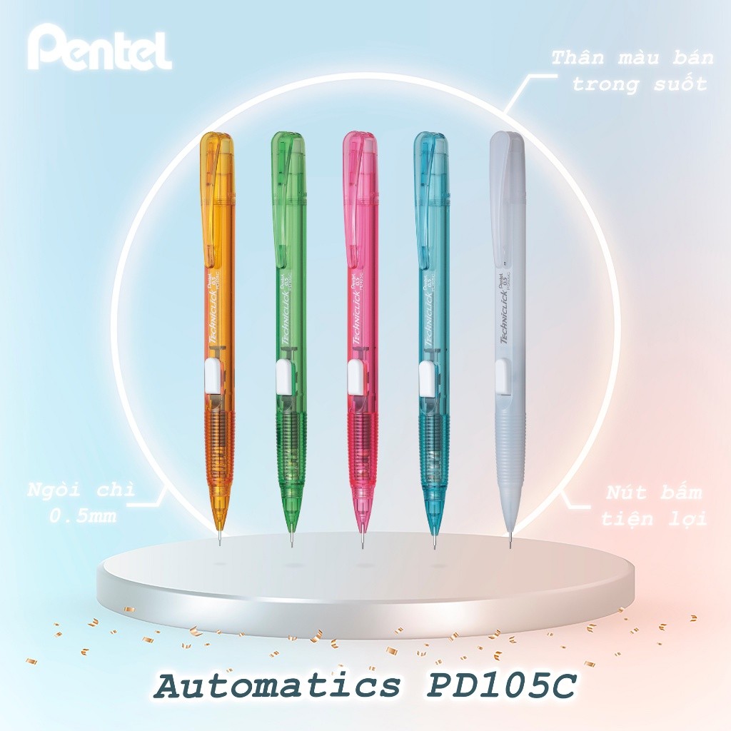 Bút chì bấm Pentel PD105C ngòi 0.5mm nút bấm thân giữa tiện lợi viết trơn nét mảnh