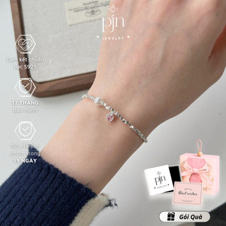 Vòng Tay Bạc Charm Trái Tim PJN, Lắc Tay Bạc 925 Mix Hạt Ngọc Trái Tim Hồng Phong Cách Dây Bản Đặc Biệt VT13