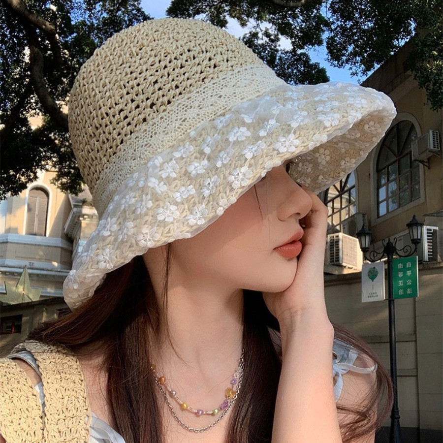 Mũ Cói Ren Hoa Vintage HomeMate Nữ Đi Biển, Mũ Chống Nắng Vành Rộng Phối Nơ Thanh Lịch Phong Cách Hàn Quốc