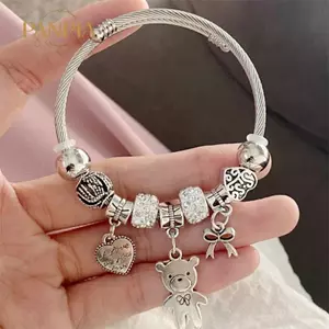 PNPIA- Vòng Tay Đính Hạt Cổ Quyến Rũ Gấu Mặt Dây Chuyền Trái Tim Tình Yêu Có Thể Điều Chỉnh Vòng Tay Nữ DIY Trang Sức Quà Tặng