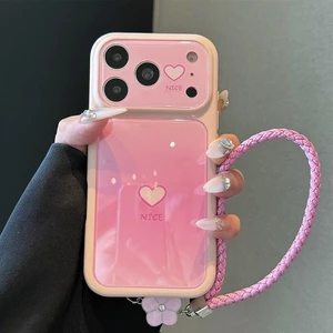Ốp điện thoại kính Gradient Love Heart + Chain Glass cho iPhone 17 Pro Max 16 15 14 Vỏ bảo vệ chống sốc