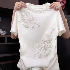 Áo thun ngắn tay thêu hoa đính sequin, thời trang mới mùa hè dành cho nữ, áo thường ngày và giảm béo
