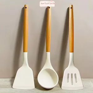 ITRUMPET 3 Cái / bộ Xẻng Thìa Silicon, Nồi Nướng Chịu Nhiệt Màu Be, Dụng Cụ Nhà Bếp Chống Dính Bền Đẹp Chống Trơn Trượt Dụng Cụ Nấu Ăn Chảo Chiên
