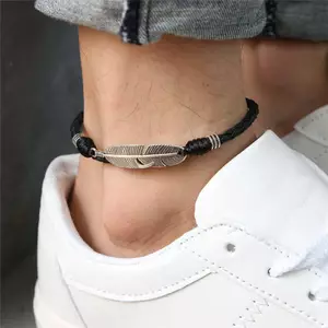 PNPIA- Boho Handmade Man Lông Vũ Dây Da Anklets Chân Trần Sandal Trang Sức Bãi Biển