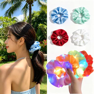 Mới Dạ Quang Satin Scrunchies Sáng Lên Lụa Buộc Tóc Phụ Kiện Tóc