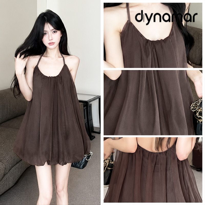 【dynamar】Váy xếp ly kiểu cổ yếm phong cách nghỉ mát hở lưng váy lưới co giãn váy ngắn