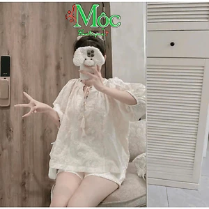 DX_ Set bộ đùi, set đi biển, set thiết kế Thô Ren thêu 2 lớp tay ngắn thắt nơ mix quần short xinh