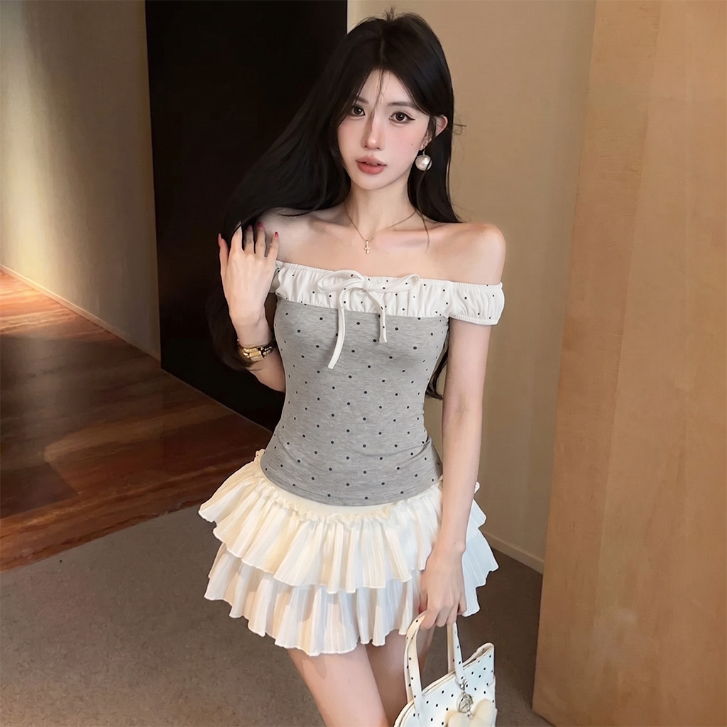 Áo Thun Nữ Chấm Bi Kiểu Trễ Vai  Phối Dây Thắt Nơ Ngực A51523