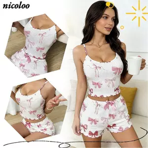 Bộ chăn ga gối NICOLOO 2 Cái / bộ, Bộ đồ ngủ đeo cổ tròn hai mảnh, Bộ đồ ngủ hở lưng in nơ gợi cảm dành cho nữ