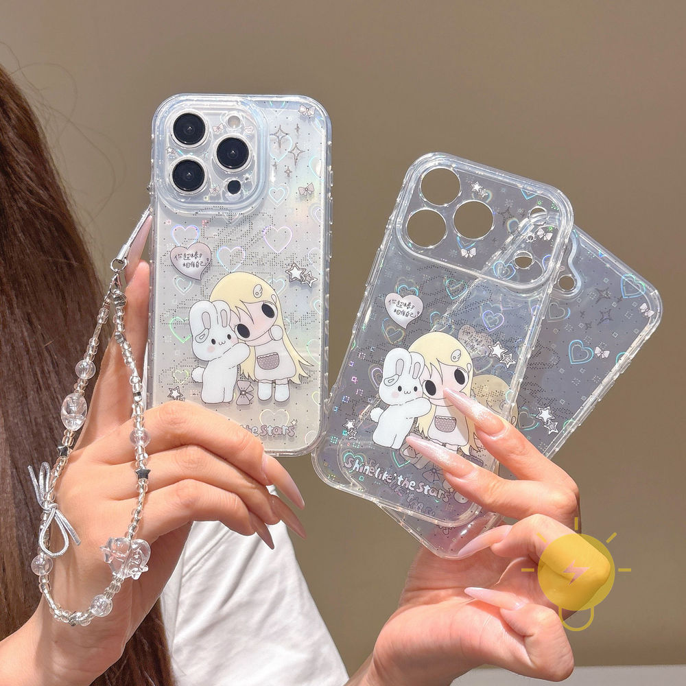 Phone Case For iPhone 17 Pro Max 16 15 TPU Keychain Chain Rabbit Polka Dot Heart Laser Aesthetic Korean Cute