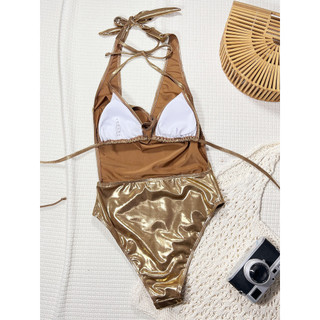 Đồ Bơi Nữ Vàng Bronzing Treo Cổ Rỗng Ra Lưng Một Mảnh Bikini Tắm Phù Hợp Với