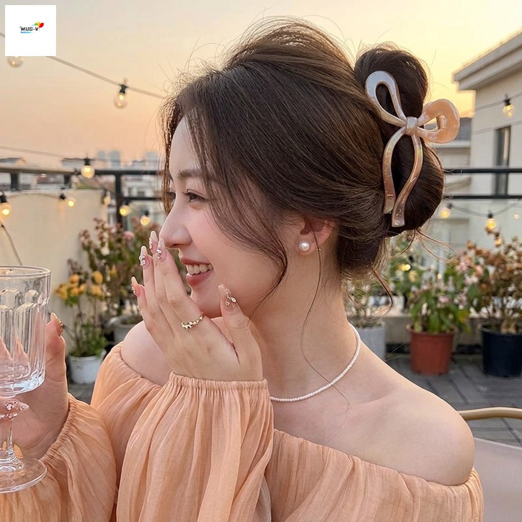 Kẹp Móng Vuốt Tóc Ngọc Trai Lớn Có Nơ Ruy Băng Cho Nữ Tóc Dày
