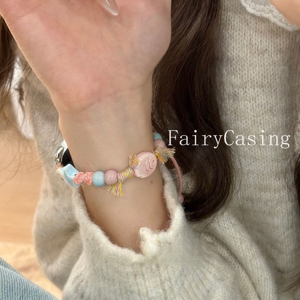Màu Hồng Cá Gốm Hạt Dệt Dây Đeo Cho Xiaomi Mi Band 10 9 8 Pro 7 6 5 4 3 Vòng Tay Cho Redmi Watch 6 5 4 Dây Đeo Tay