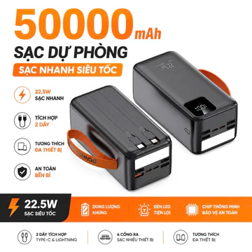 Sạc Dự Phòng 50000mAh Sạc Nhanh 22,5W Có Đèn Led Tích Hợp Dây Sạc Hỗ Trợ Sạc Nhiều Thiết Bị