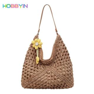 HOBBYIN Túi rơm HOBBYIN dành cho nữ, Mặt dây chuyền hướng dương Túi xách đi biển dung tích lớn, Túi dệt hợp thời trang Bohemian Túi đeo vai rỗng mang theo hàng ngày