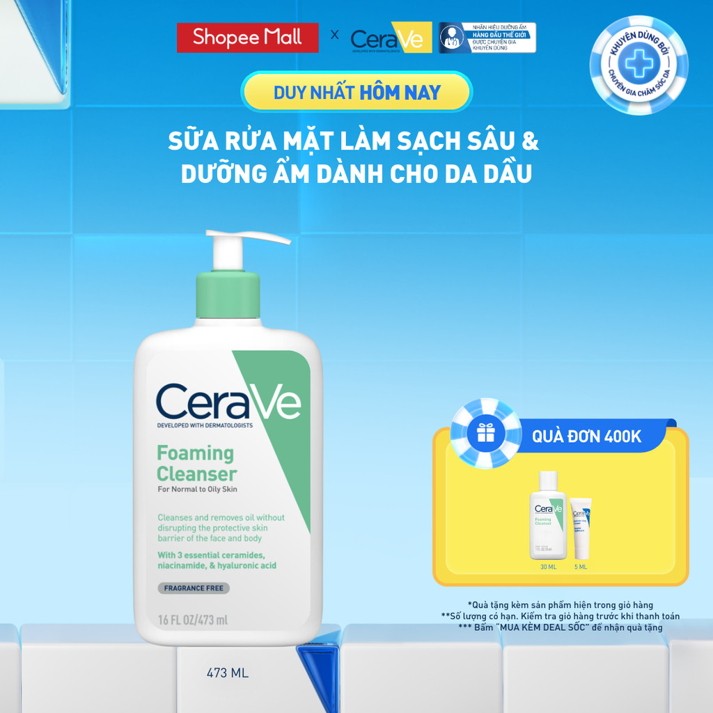 Sữa rửa mặt foaming giúp làm sạch sâu và dưỡng ẩm dịu nhẹ dành cho da dầu - CeraVe Foaming Facial Cleanser 473ML