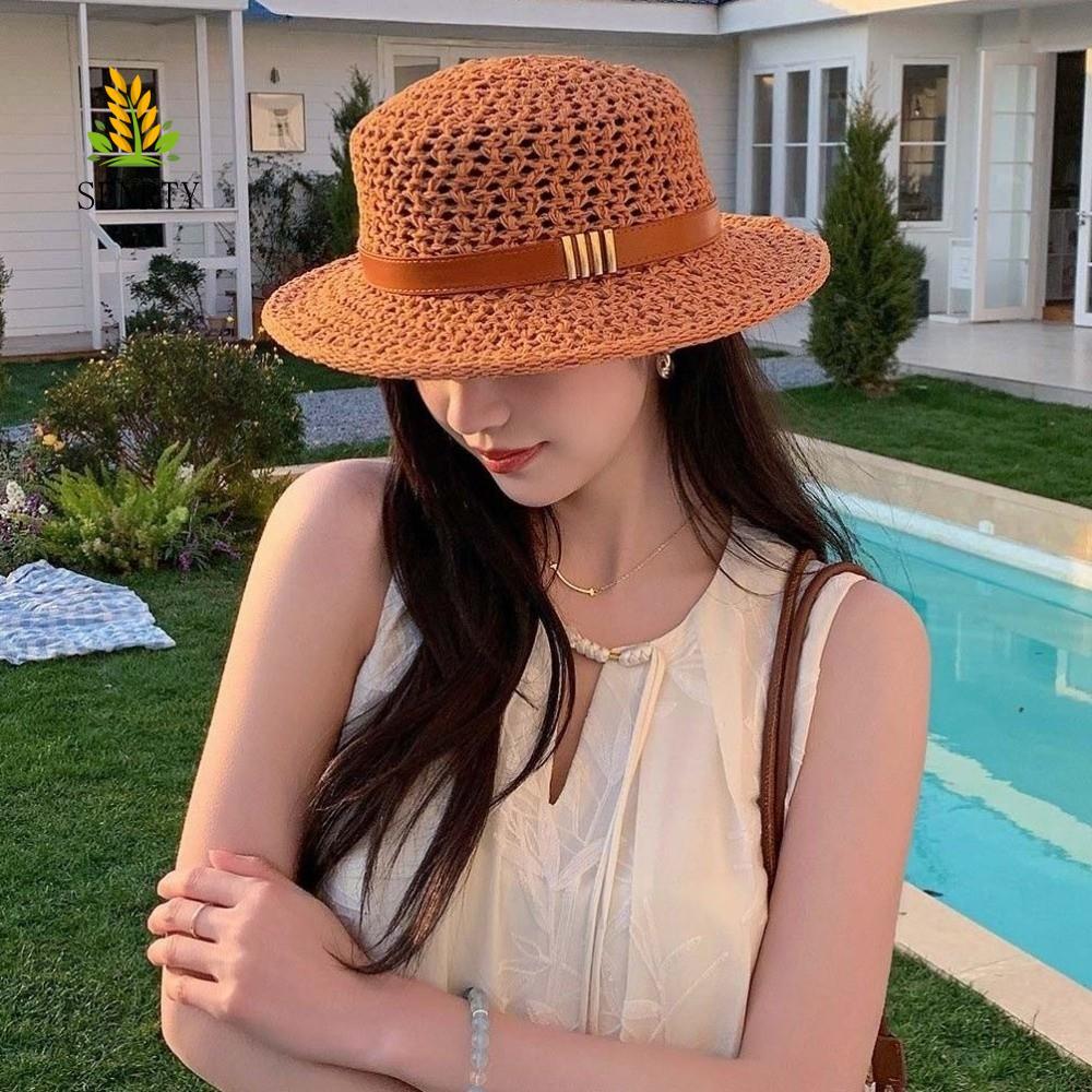 Mũ thuyền ống hút SENRTY, Chống nắng Lưới thoáng khí Mũ chống nắng dệt tay, Mùa hè cổ điển Fedora Nhẹ có thể điều chỉnh rộng vành phẳng Mũ đi biển ngoài trời Khách cưới