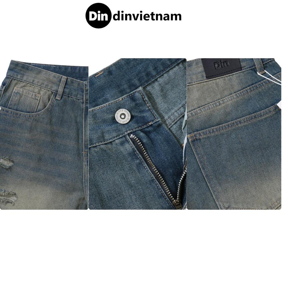 Quần Short Jean Nam DIN, Quần Xanh Đậm Vàng Form Trên Gối Rách Nhẹ, Phối Đồ Dễ, Phong Cách Streetwear Năng Động R2212