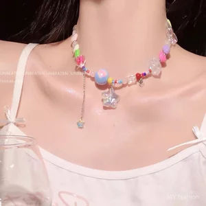 Ngọt Ngào Màu Sắc Thoáng Mát Dopamine Vòng Cổ Cô Gái Màu Kẹo Ngôi Sao Dài Tua Rua Khâu Xương Đòn Dây Chuyền, Cô Gái Dễ Thương Vòng Cổ