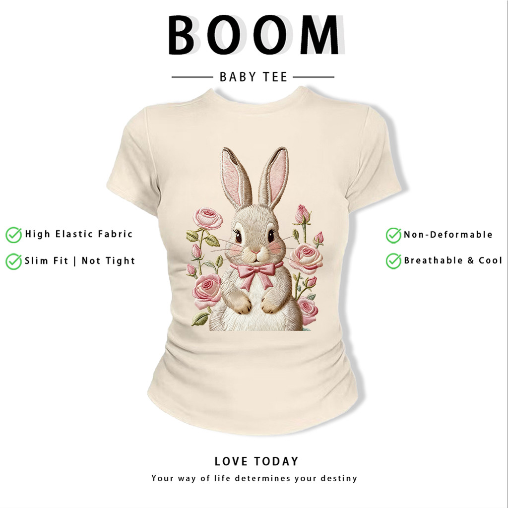 BOOM Áo Baby Tee Nữ Cotton Ôm Body-Áo Thun Ngắn Tay Y2K In Hình PhongCách Mùa Hè, Cổ Tròn Hàng Đầucách hàn quốc phongC89