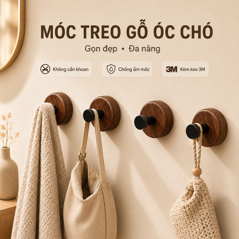 Móc Treo Gỗ Óc Chó Cao Cấp, Lắp Đặt Không Cần Khoan, Chịu Lực Cao, Cho Phòng Tắm