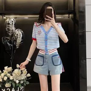 Áo len sọc dáng rộng thời trang giảm tuổi phong cách Preppy Áo len dệt kim cổ hải quân dành cho nữ