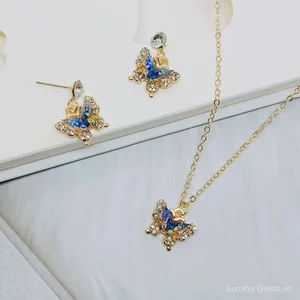 Phong Cách Mới ins Phong Cách Tưởng Tượng Full Kim Cương Nhiều Màu Sắc Bướm Mặt Dây Chuyền Bông Tai Bộ Ánh Sáng Sang Trọng Tinh Tế Xương Đòn Dây Chuyền