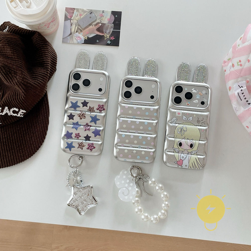 Phone Case For iPhone 17 Pro Max 16 15 TPU Cartoon Keychain Ear Star Pearl 3D Down Coat Style Aesthetic Korean Cute