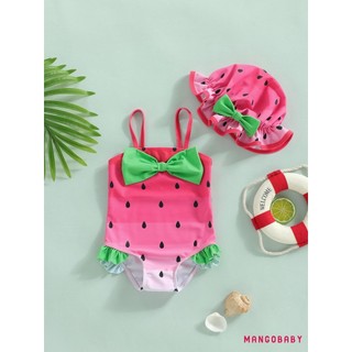 MG-Baby Girl Dưa Hấu In Đồ Bơi Dễ Thương Thời Trang Spaghetti Dây Đeo Đồ Bơi Không Tay Có Mũ