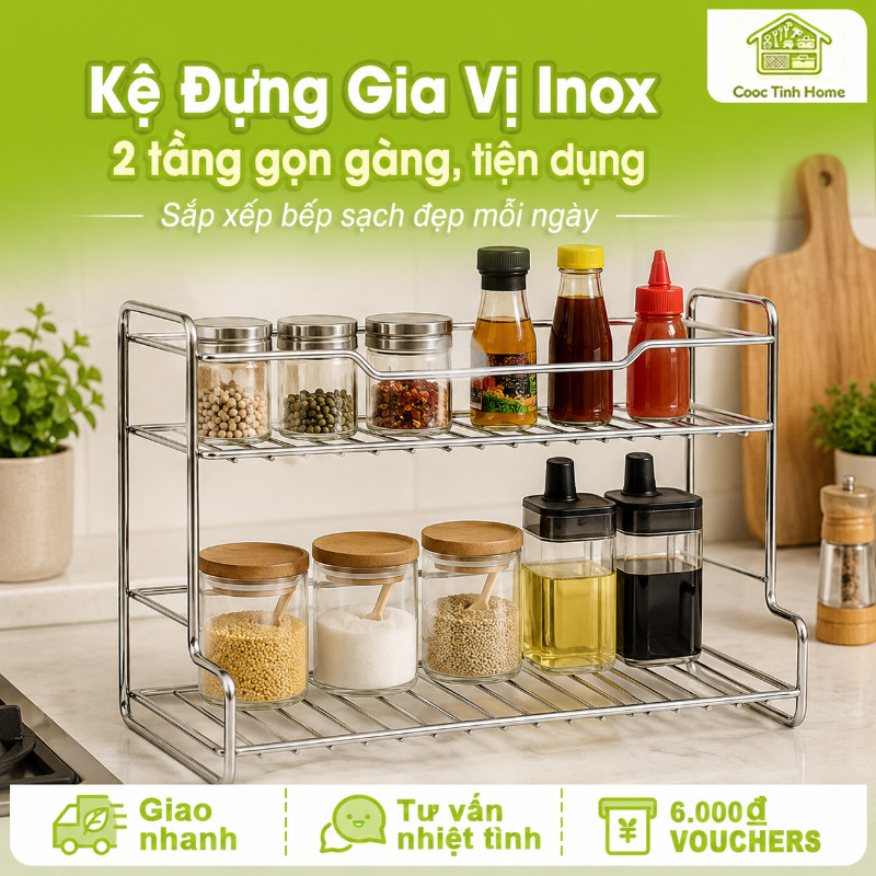 Kệ Để Đồ Đa Năng 2 Tầng Bằng Inox - Đựng Gia Vị & Dụng Cụ Bếp, Thiết Kế Thoáng, Dễ Lau Chùi, Giúp Gian Bếp Ngăn Nắp